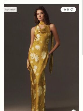 BHLDN Mustard Floral Satin Halter Gown with Neck Tie